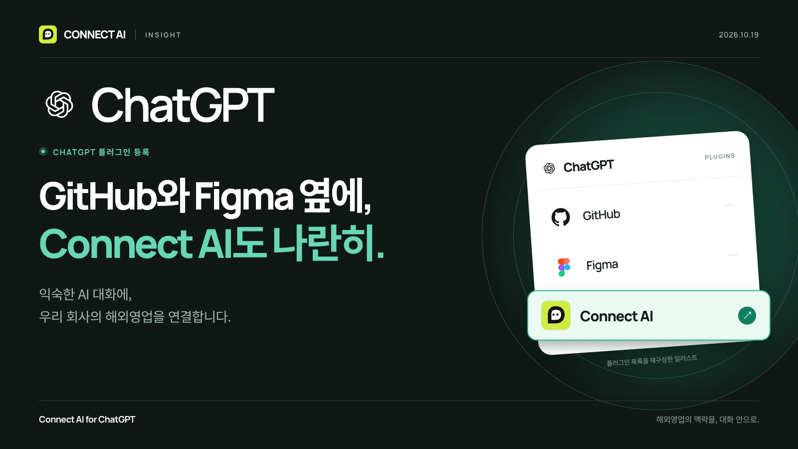 ChatGPT 플러그인 목록을 모티프로 GitHub, Figma와 Connect AI를 나란히 배치한 등록 기념 일러스트